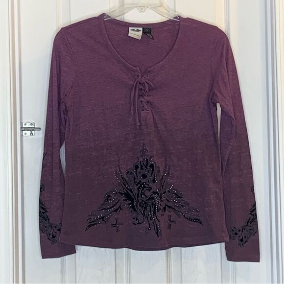 Harley Davidson Purple Embellished Long Sleeve Top Tie Front Size Large - Picture 9 of 10